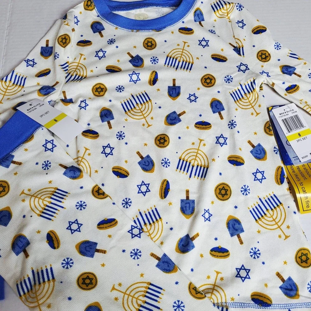 Max Olivia Kids Size 8 Hanukkah Pajama Set Long Sleeve Pants Dreidel Menorah NWT